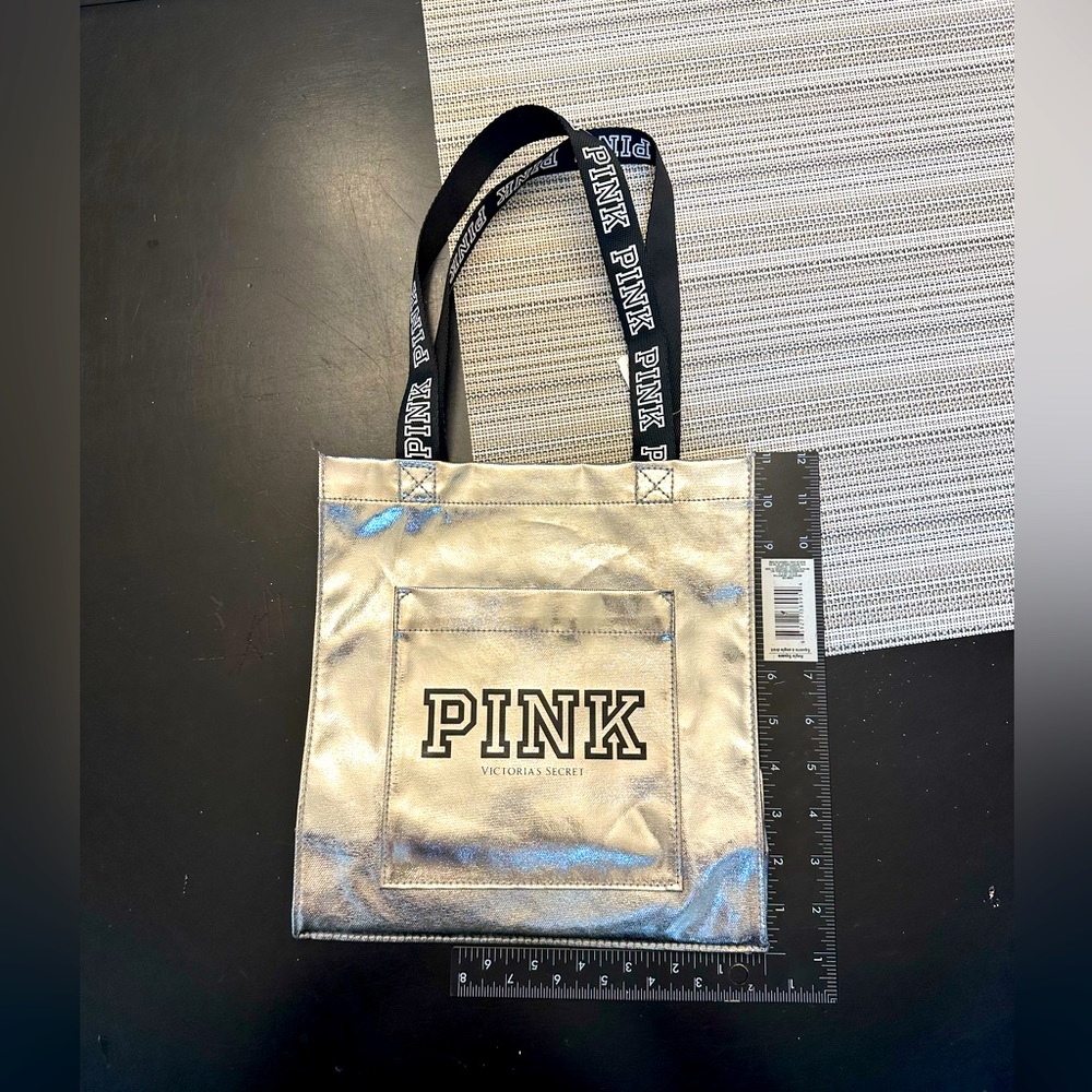 PINK silver tote bag, logo on handles & front pocket. NWT